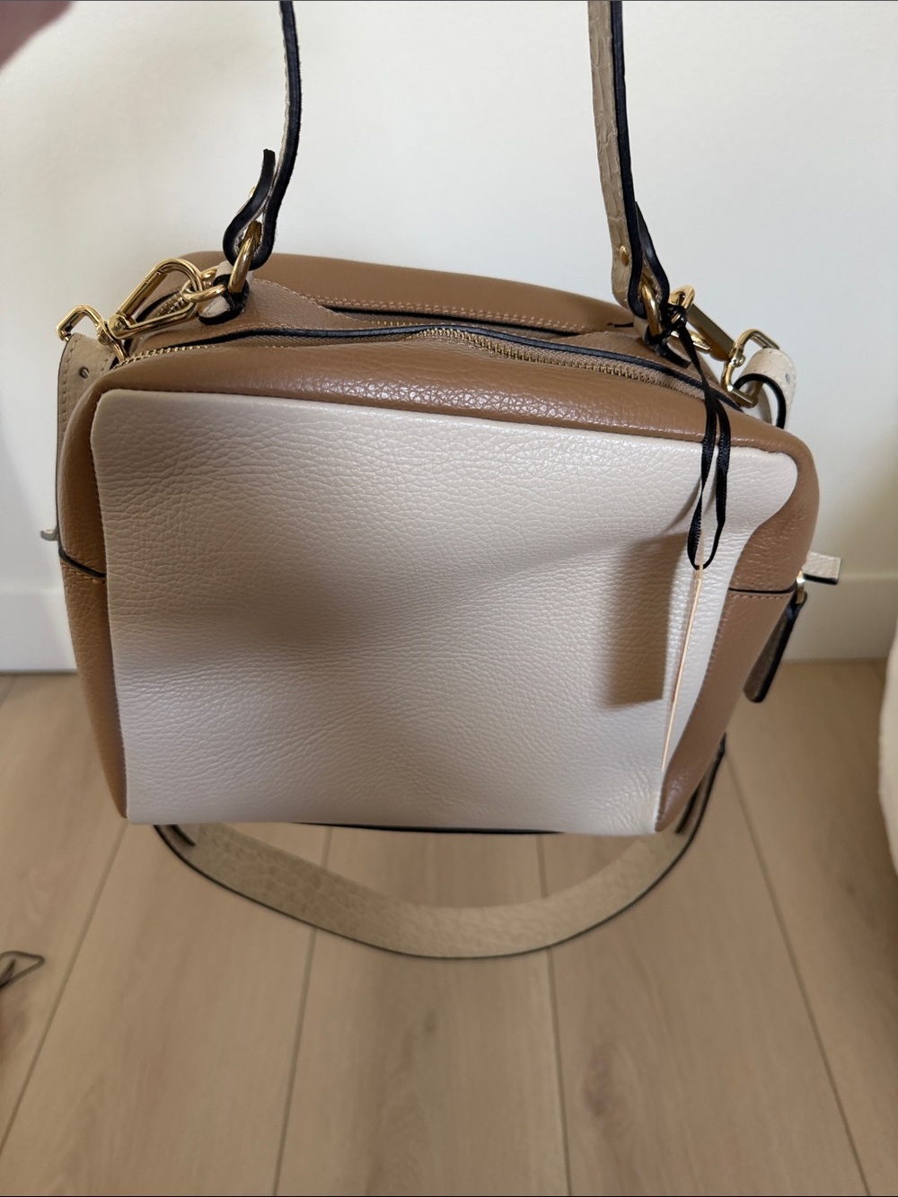 Valentino Cream and Brown Leather Crossbody with Embossed V Logo - Picture 10 of 16